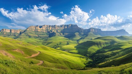 Fototapeta premium Vast, verdant valley nestled beneath majestic Drakensberg mountains.