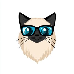 Cartoon cat face with blue eyes and black-framed glasses