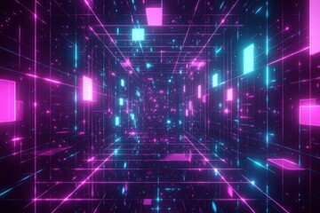 Cybernetic tunnel with vibrant, glowing blocks and lines.