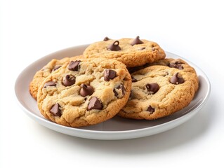 Delicious Chocolate Chip Cookies on Plate, White Background
