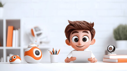 Smiling Boy Using Tablet with Robots in a Bright Room