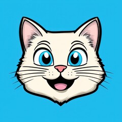 Fototapeta premium Cartoon illustration of a smiling cat with blue eyes and beige fur on a blue background