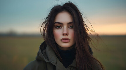 Fototapeta premium Smiling Young Woman at Sunset in a Green Field