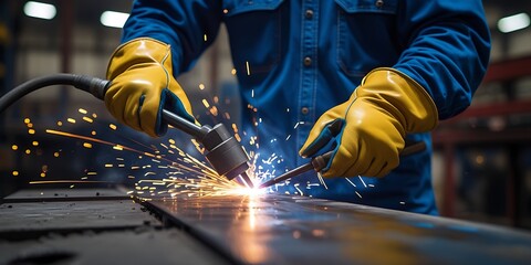 Industrial worker using plasma cutting torch on metal sheet, producing vibrant sparks while wearing heavy protective gloves in a professional metal fabrication environment
