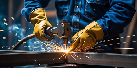Industrial worker using plasma cutting torch on metal sheet, producing vibrant sparks while wearing heavy protective gloves in a professional metal fabrication environment
