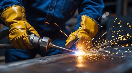 Industrial worker using plasma cutting torch on metal sheet, producing vibrant sparks while wearing heavy protective gloves in a professional metal fabrication environment
