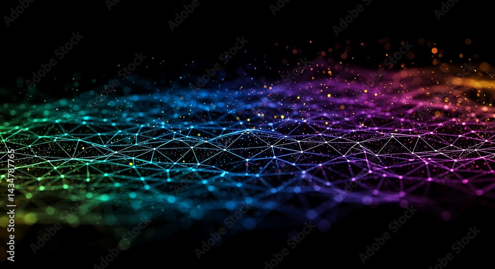 Poster abstract network connection with colorful lines and dots on black background