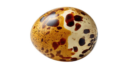 Quail Egg: A close-up image of a single quail egg, showcasing its distinctive speckled brown, yellow, and white shell against a neutral backdrop. The natural texture of the egg's surface is evident.