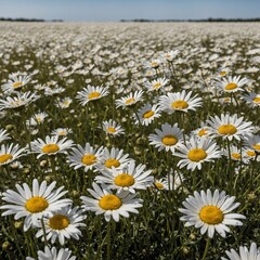 A field of daisies stretching into the distance, white background