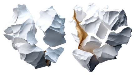 Ancient Artifact Discovery: An artistic visualization of two fragmented stone artifacts, showcasing the raw beauty and historical intrigue of archaeological finds.