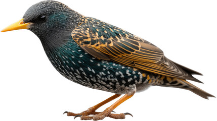 Starling in Profile: A solitary starling perches gracefully, showcasing its iridescent plumage and sharp beak. Captured in high-definition.