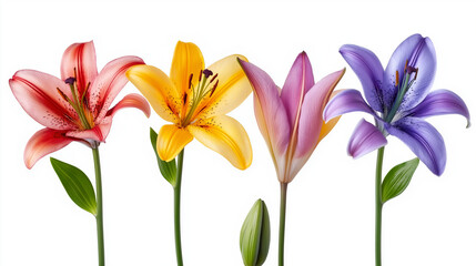 Naklejka premium Lily Flowers in Multicolor, Isolated on White Background