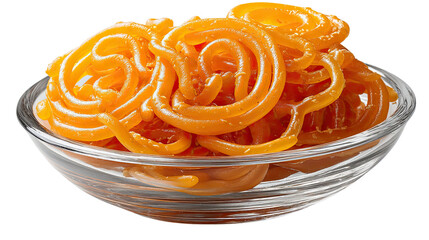 Swirling Jalebi Delights: An overhead shot of vibrant, golden jalebis presented in a transparent glass bowl, promising a taste of the sweet, intricate flavors of this traditional Indian dessert.