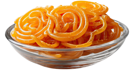 Swirling Jalebi Delights: An overhead shot of vibrant, golden jalebis presented in a transparent glass bowl, promising a taste of the sweet, intricate flavors of this traditional Indian dessert.