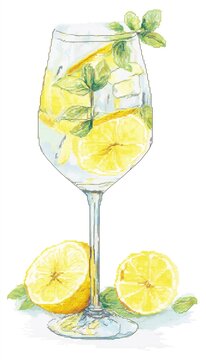 Simple embroidery of lemon water in a wine glass with two ice cubes and mint leaves. The cocktail is a yellow color with slices of lemon on top