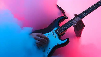 Obraz premium Rock Guitarist Playing Electric Guitar in a Neon Pink and Blue Lit Live Show