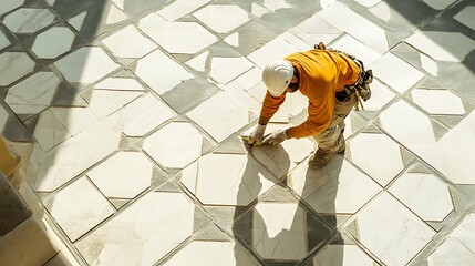 Construction Worker Installing Hexagonal Floor Tiles