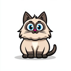 Obraz premium Cartoon cat sitting upright with front paws on belly, light beige with blue eyes