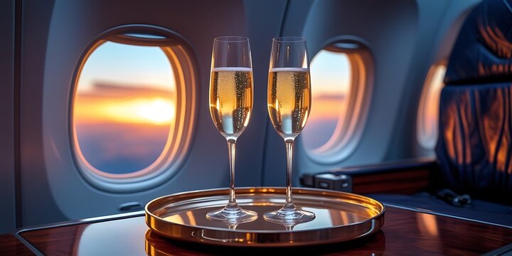 Luxury first-class airplane setting with two champagne flutes on a tray by the window, showcasing comfort, elegance, and premium travel experiences at sunset
