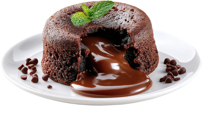 Delectable Molten Chocolate Cake: A close-up shot of a warm molten chocolate cake with rich, flowing chocolate lava, garnished with a sprig of fresh mint and surrounded by chocolate chips.