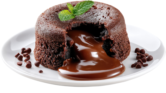 Delectable Molten Chocolate Cake: A close-up shot of a warm molten chocolate cake with rich, flowing chocolate lava, garnished with a sprig of fresh mint and surrounded by chocolate chips.