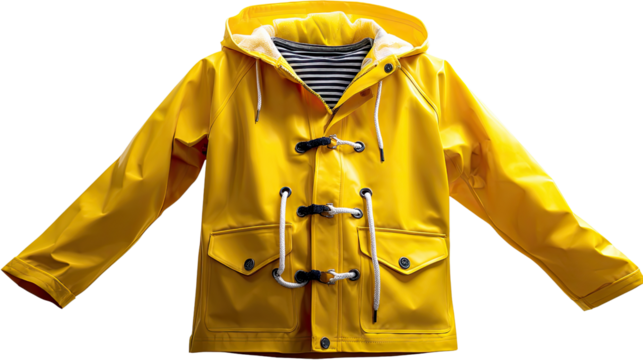 Yellow Raincoat: This vibrant yellow raincoat with a hood and toggle closures is a classic choice for staying dry and stylish on rainy days. It features a white lining, adding a touch of contrast.