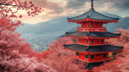 Fototapeta premium Stunning pagoda nestled amidst vibrant cherry blossoms.