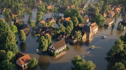 Fototapeta premium Aerial perspective of flooded town, showcasing devastating effects of rising water