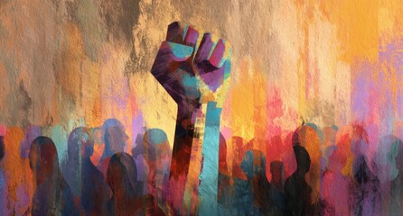 Powerful Raised Fist In A Vibrant Crowd A Painting Of Unity And Resistance