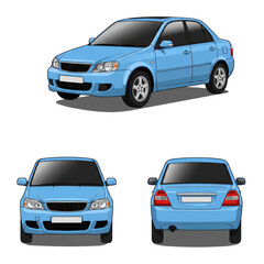 Blue sedan car front, side, and rear views