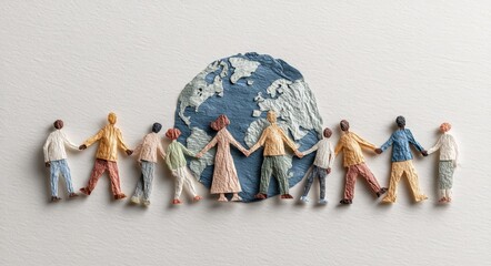 Diverse Miniature Figures Holding Hands Around A Textured Earth Globe On A Light Backgrounds