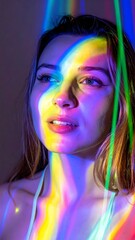 Fototapeta premium Portrait of a model embraced by vivid rainbow light waves through long exposure photography