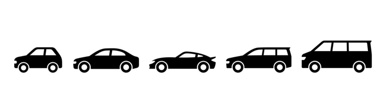 Car icons. Compact car, sedan, sports car, station wagon, and minivan.
