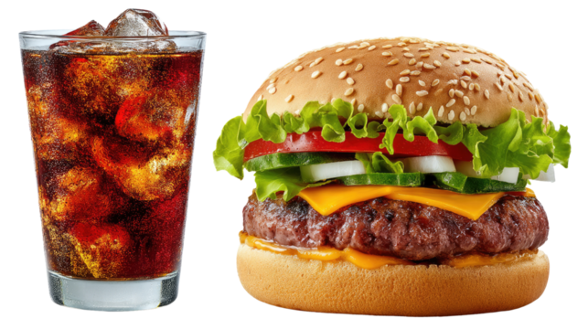 Delectable Duo: a mouthwatering hamburger paired with a refreshing iced drink in a studio setup.