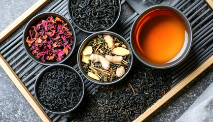 Aromatic assortment of loose leaf teas in dark bowls on a wooden tray, including black tea, herbal tea with ginger, and dried flower petals. A cup of brewed tea is also featured.