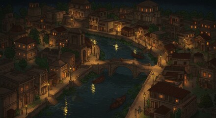 Naklejka premium Night View of Illuminated ancient City with River and Stone Buildings with Pixel Art Style