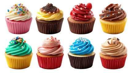 Sweet Treats Galore: An array of delectable cupcakes, each a unique burst of flavor and color, tempting viewers with their delightful frosting and enticing sprinkles.