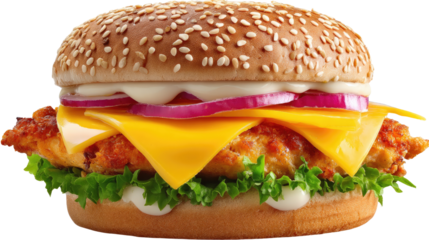 Chicken Cheeseburger: A mouthwatering chicken cheeseburger, featuring a crispy fried chicken patty topped with melted cheddar cheese, crisp lettuce, sliced red onion, and a creamy dressing.