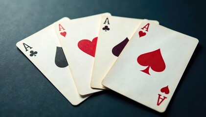 Obraz premium Four aces spread on a surface, showcasing their distinct suits , order, clubs, game