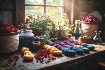 sun-drenched desk with natural dyeing supplies and yarn samples,