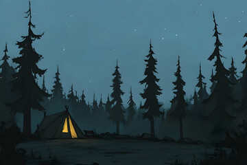 Serene night scene illuminated tent nestled amidst a dark, majestic forest under a starlit sky. Perfect for adventure, camping, or nature themes.