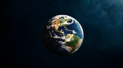 Obraz premium The image shows a detailed view of planet Earth from space, with North and South America prominently featured, set against a backdrop of a star-filled dark space. City lights are visible, highlighti