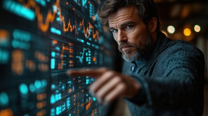 Focused Trader Analyzing Financial Data on a Large Screen