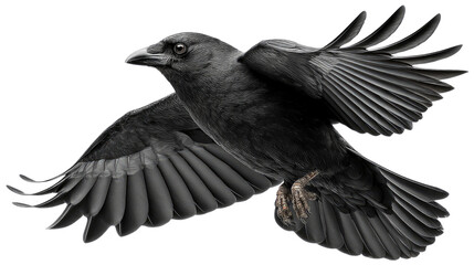 Fototapeta premium Raven in Flight: A majestic raven soars gracefully through the air, its dark feathers spread wide as it navigates the open sky in this stunning wildlife image. 