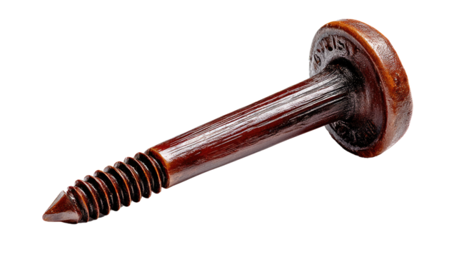 Brown Wood Screw: A detailed close-up of a single brown wood screw, showcasing its sharp point, threaded shaft, and large, flat head.