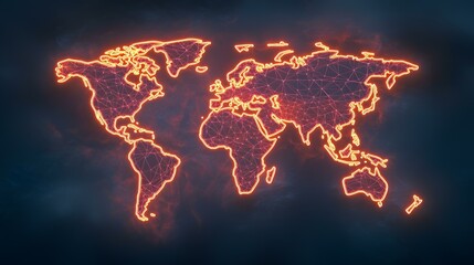 The image contains a glowing orange neon outline of a world map, rendered as a network of interconnected nodes.A medium description sentence: An illuminated world map, depicted as a vibrant orange ne