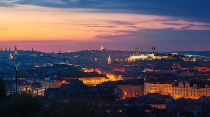 Fototapeta premium Sunset over Sarajevo: A Panoramic View of City Lights and Historic Architecture