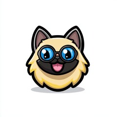 Fototapeta premium Cartoon cat with blue eyes and black-rimmed glasses smiling with tongue out