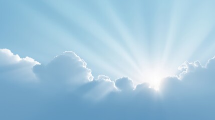 Cloudy sky with sun rays breaking through in a calm blue atmosphere.