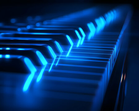 Abstract close-up of glowing blue piano keys; futuristic, musical technology background.